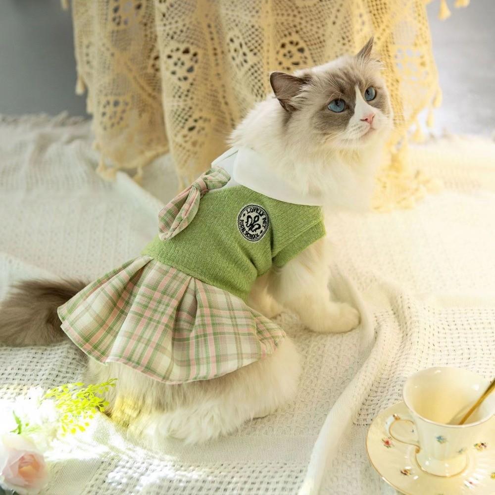 Bowtie Pet Cat Dress Polyester Spring Pet Clothes New Puppy Plaid Skirt  Spring Season