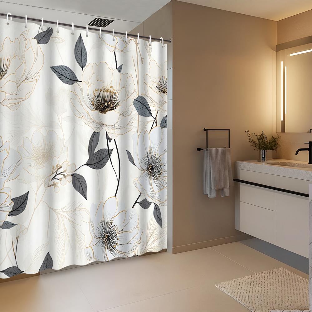 1Pc 2D Flat Print Black And White Line Floral Pattern Shower Curtain,, Includes 12 Hooks, Bathroom Accessory, 2D Flat