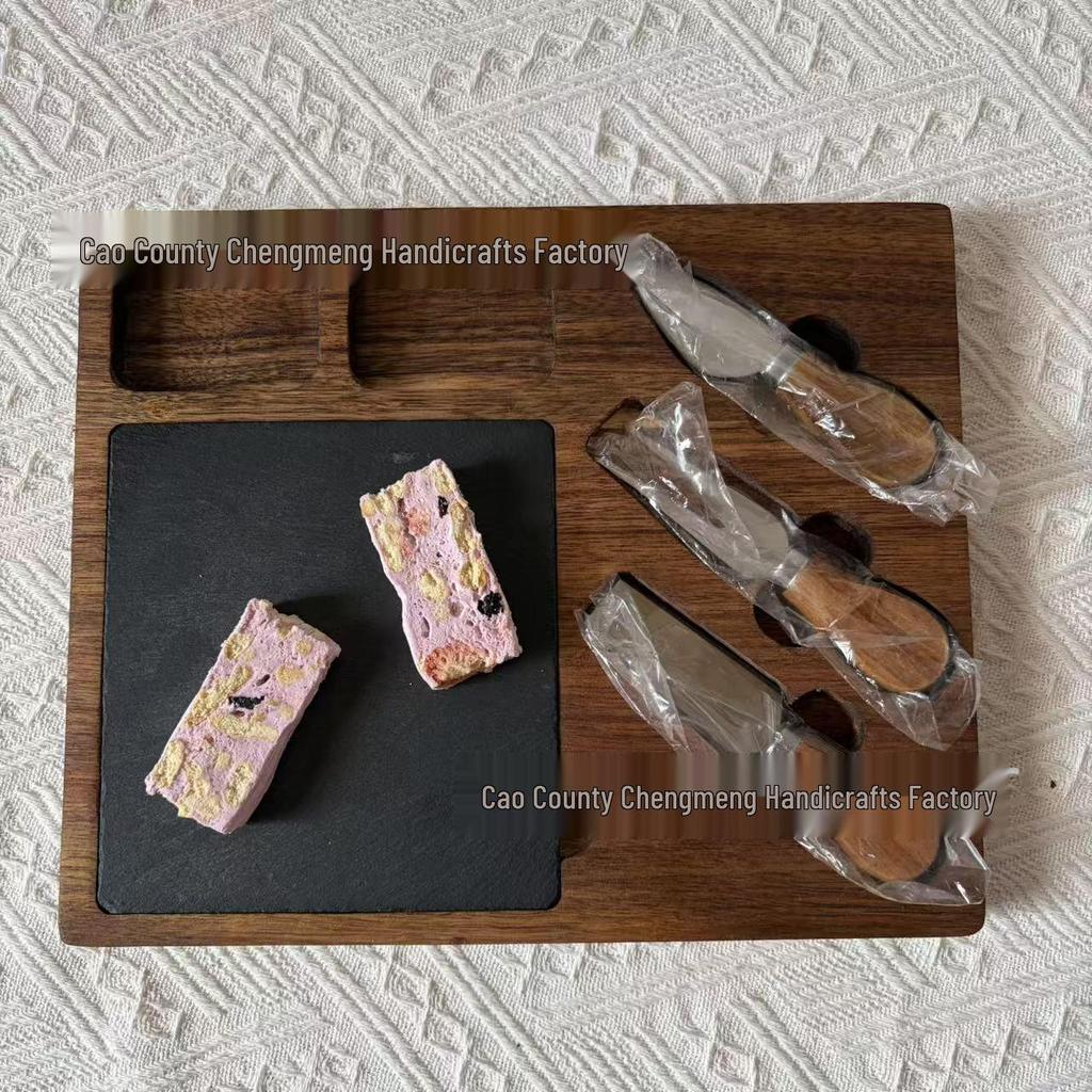 Bamboo Cheese Board Set with Knife, Fork, and Slate Steak Plate