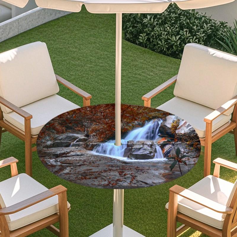 Outdoor Round Table Cover With Nature Print Waterproof Elastic Hem Patio Garden Deck