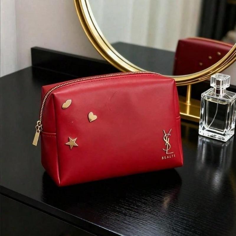 ​YSL Red Cosmetic Pouch with Gold Star Embellishments Lady Handheld Clutch Daily Essentials Organizer Pouch​