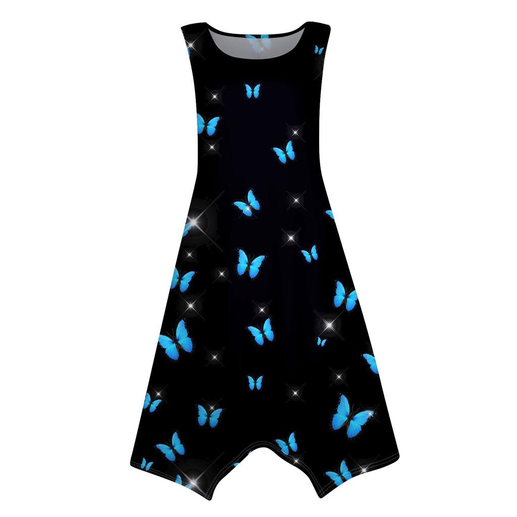 Lässiges, modisches Damen-Midikleid mit Rundhalsausschnitt, ärmellosem Aufdruck und unregelmäßigem Saum