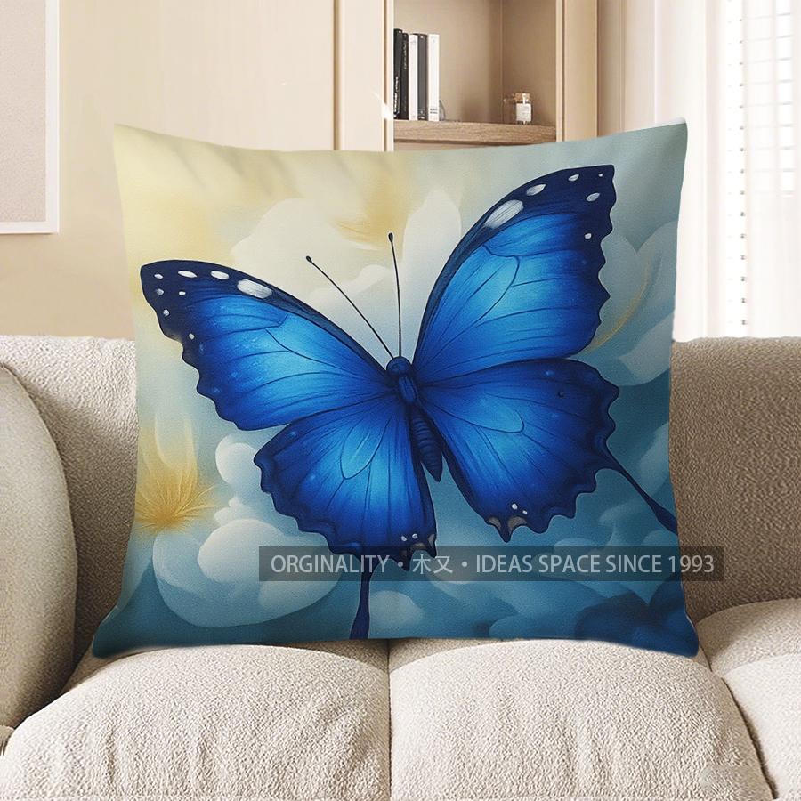 Home Decor Blue Butterfly &amp; Flowers Decorative Pillow Cover Pattern Cushion Cover Suitable For Sofa Bedroom Car Pillow Cover