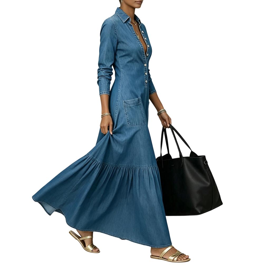 Women Vintage Denim Maxi Dress Long Sleeve Button Front Shirt Dress Casual Loose Fit Long Skirt with Pockets