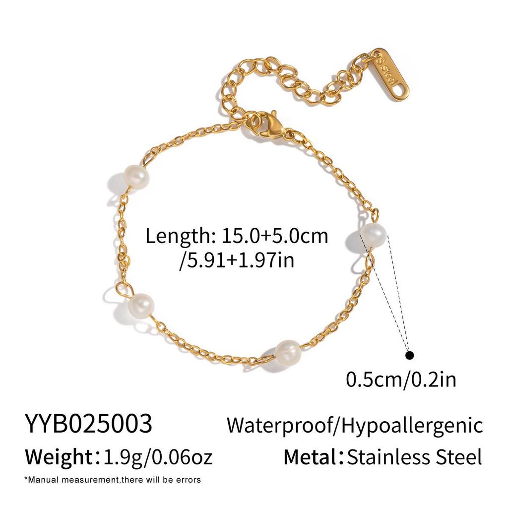 Xia Ling Simple Elegant Freshwater Pearl O-Chain Necklace Bracelet, 18K Gold-Plated Stainless Steel Jewelry
