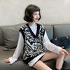 Retro Contrasting Totem Jacquard V-neck Knitted Vest Women's Black and White Patchwork Knitted Pullover Loose Casual Thin Sweater Autumn
