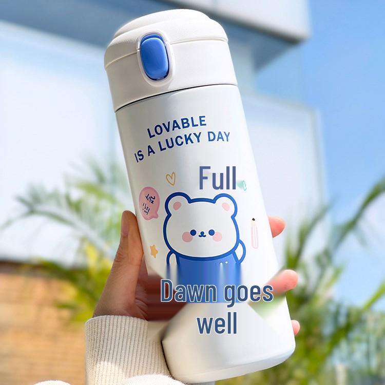 Ins Style Girly Heart Insulated Flask with Cute Bear Straw - Student Cartoon Pop-up Water Cup