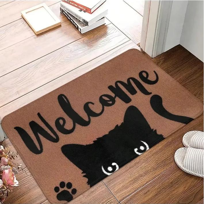 Schwarze Katze Teppich Willkommensmatte Niedlicher Cartoon Rutschfeste Bereichstürmatte Weicher Teppich für Wohnzimmer Teppich Schlafzimmer Außenteppich Heimdekor