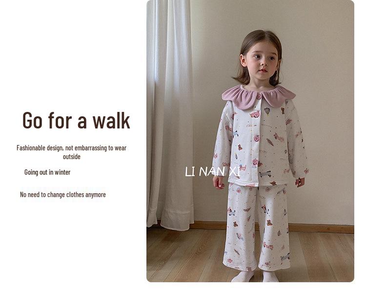 88352 Girls' 2025 Winter Pajama Set with Velvet and Lace - Sweet and Comfortable Homewear