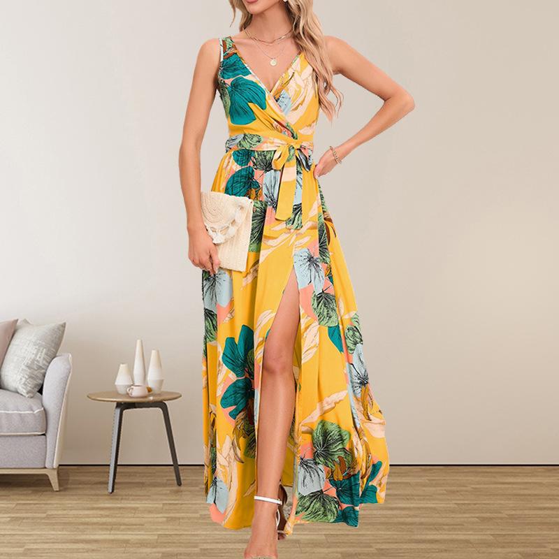 European and American women's clothing summer new, double V-neck sleeveless slit printing long suspender dress women