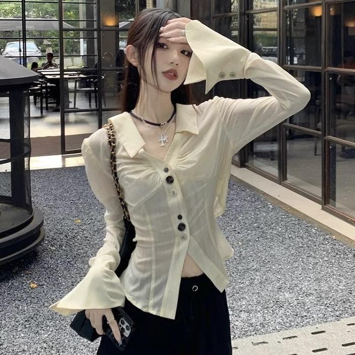 French Pure and Alluring Design Long-sleeve Shirt for Women, Spring/summer Slimming Short Spicy Girl Top with Lace-up Straps