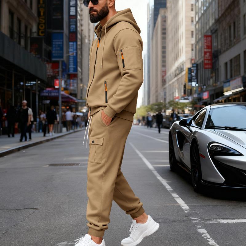 

Осень Новинка Мужской Бархатный Свободный Повседневный Рабочий Костюм для Улицы Спорт Модный для Поездок Толстовка с Капюшоном L хаки