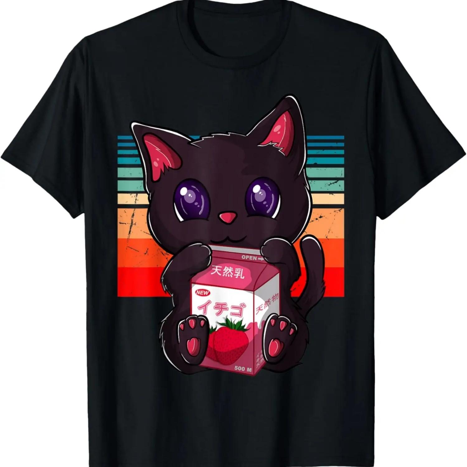 Anime Kawaii Cat Strawberry Milk Neko Strawberry Milk Cat T-Shirt S чёрный