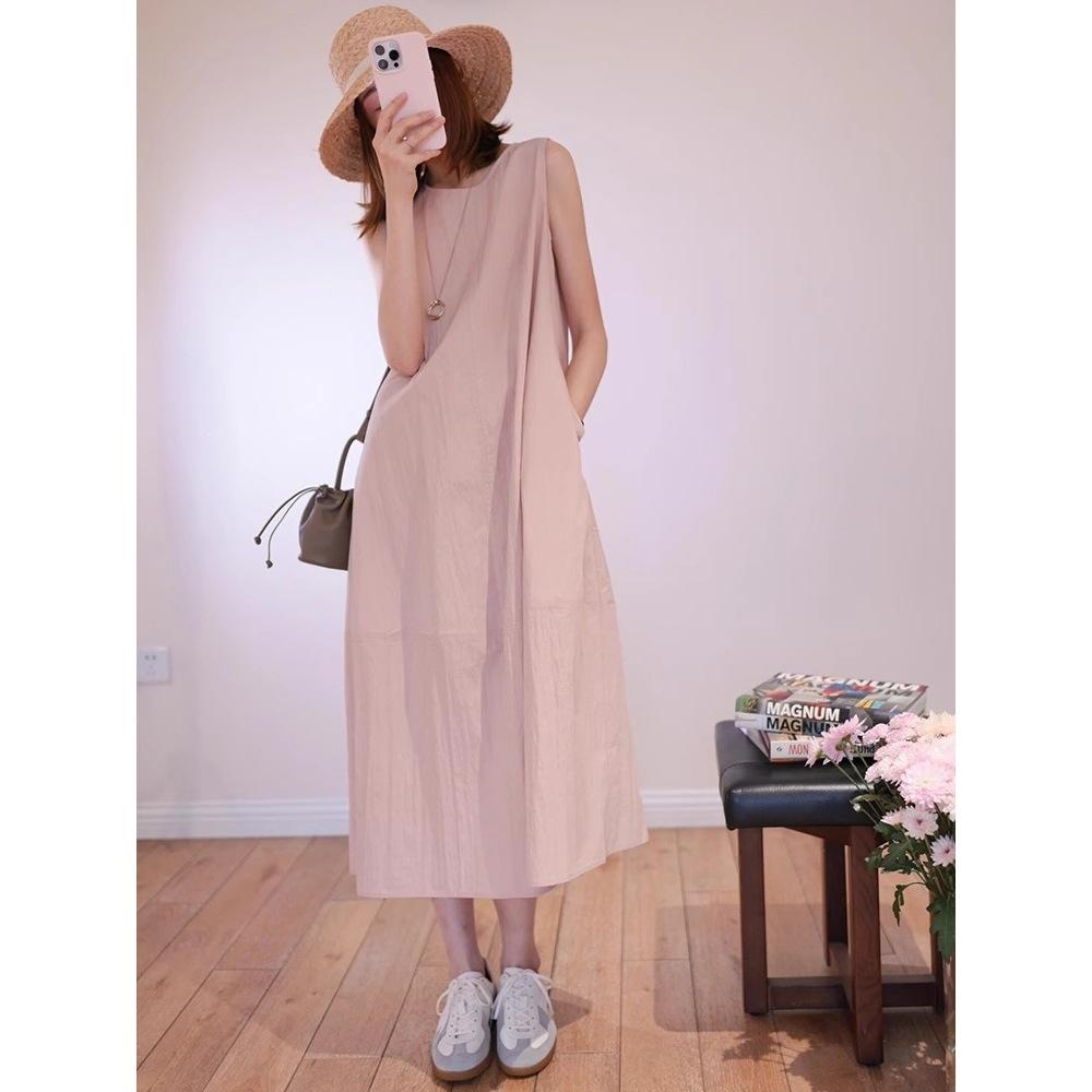 French high-end pink sleeveless vest dress women's summer seaside vacation loose and thin temperament beautiful long dress