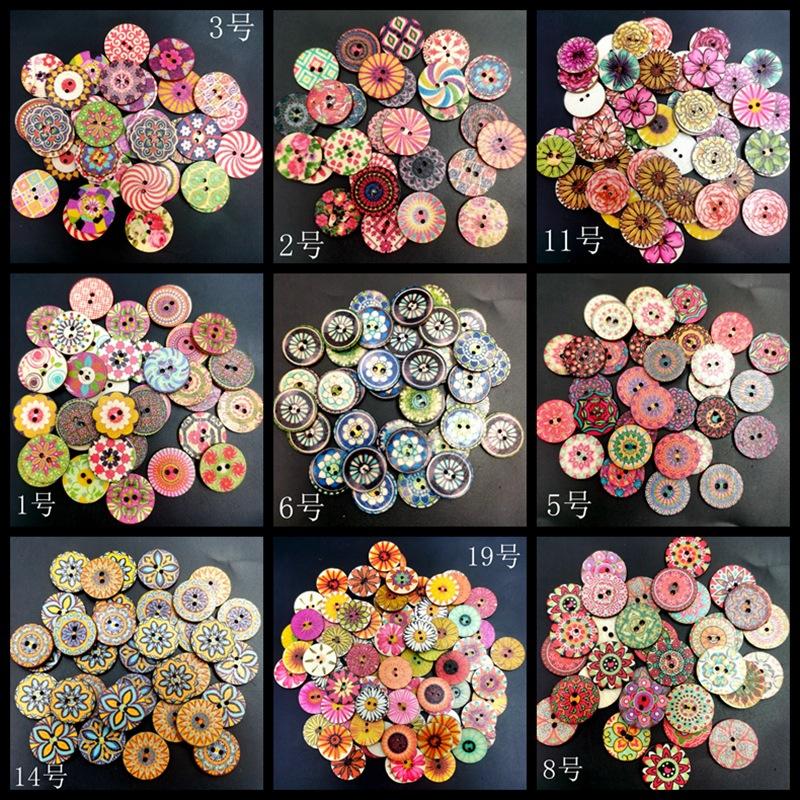 Wooden Buttons, Vintage Button Decorations, Children'S Painted Printed Diy Double-Hole Buttons, 100 Pieces Per Pack