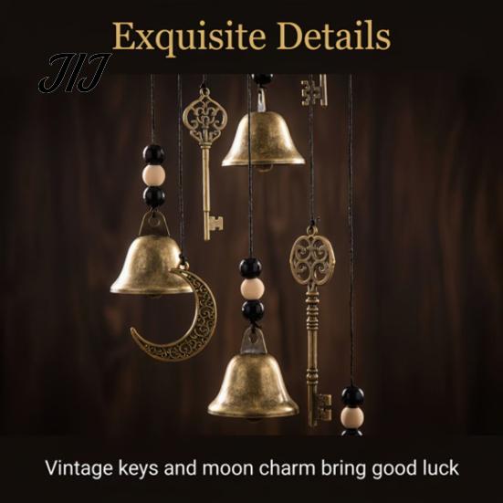 Crescent Moon Star Wall Art Witch Bell Wind Chime with Keys, Vintage Outside Hanging Chime, Small Metal Pendant Handmade Decorative for Patio,