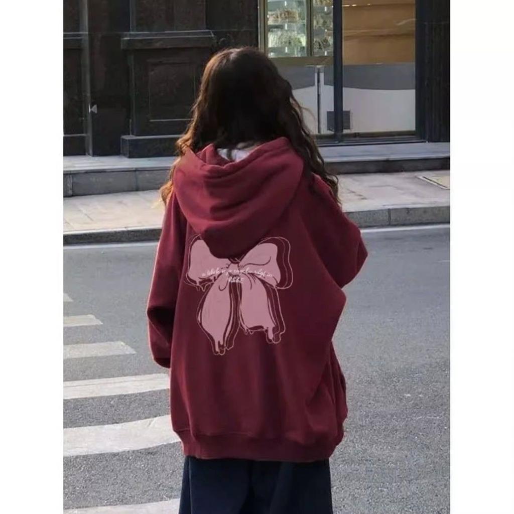 Autumn and winter Korean version bow print niche sweet sister long-sleeved hooded sweater women's lazy style design fleece jacket