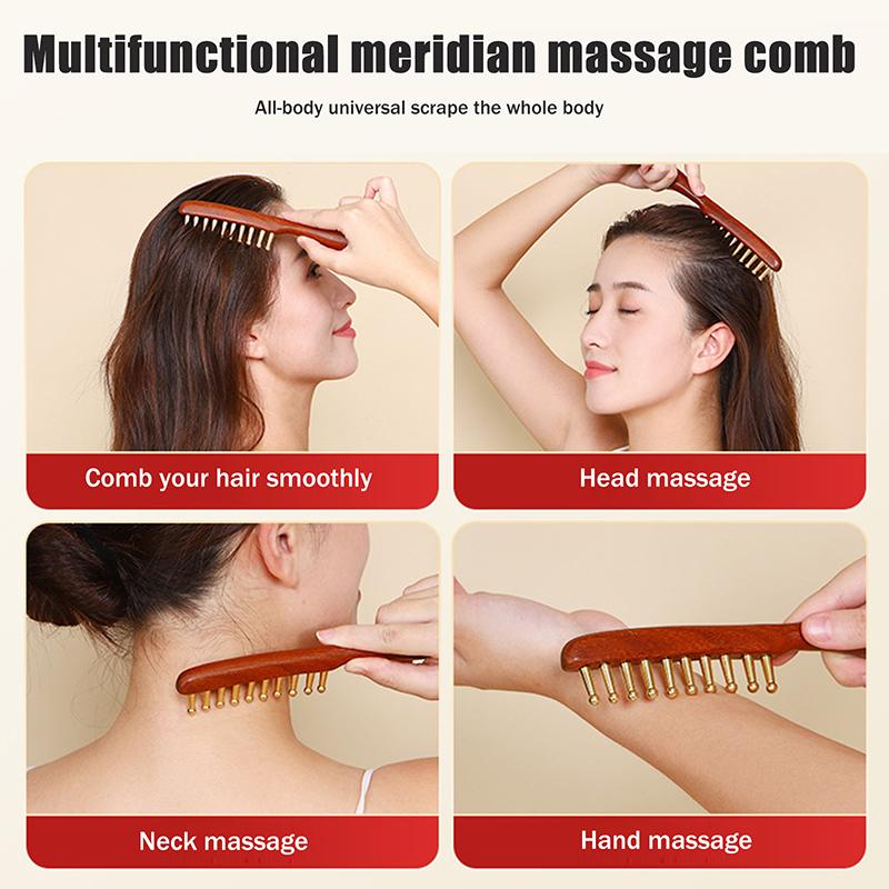 10-Teeth Copper & Wood Massager Comb For Head Meridian Therapy And Relaxation Golden Sandalwood Scraping Guasha Long Handle