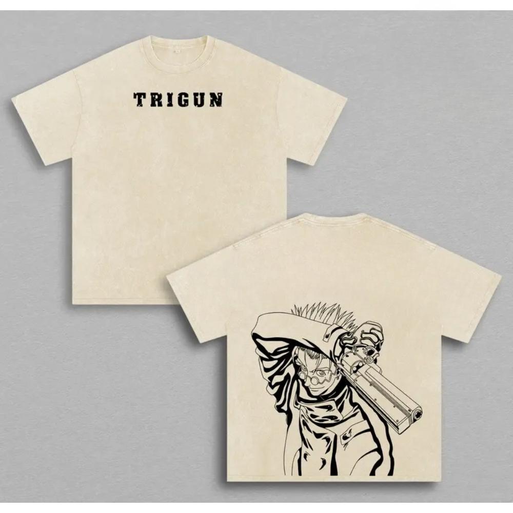 T-shirt Imprimé Anime TRIGUN Vash The Stampede Homme Manches Courtes Coton T-shirts Vintage Lavé T-shirt Harajuku Homme Grande Taille