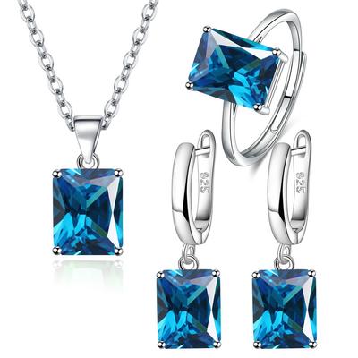 925 Sterling Silver  Elegant Jewelry Sets Ring Earrings Necklace for Women Rectangle Geometry Zircon Wedding Accessories