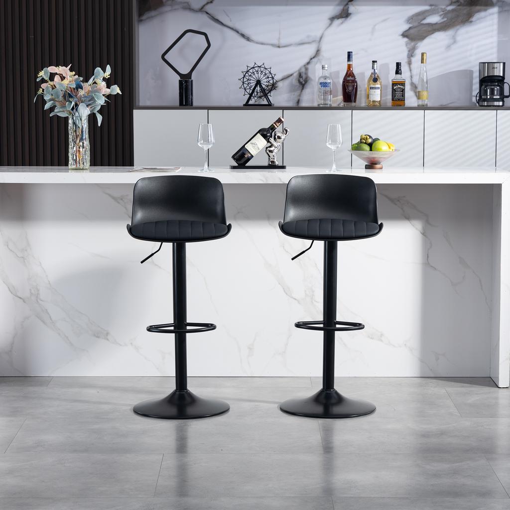 Modern Adjustable Swivel Bar Stools Set of 2, Plastic Backrest & Faux Leather Seat, Gas Lift Height, Metal Base with Footrest, Kitchen Counter