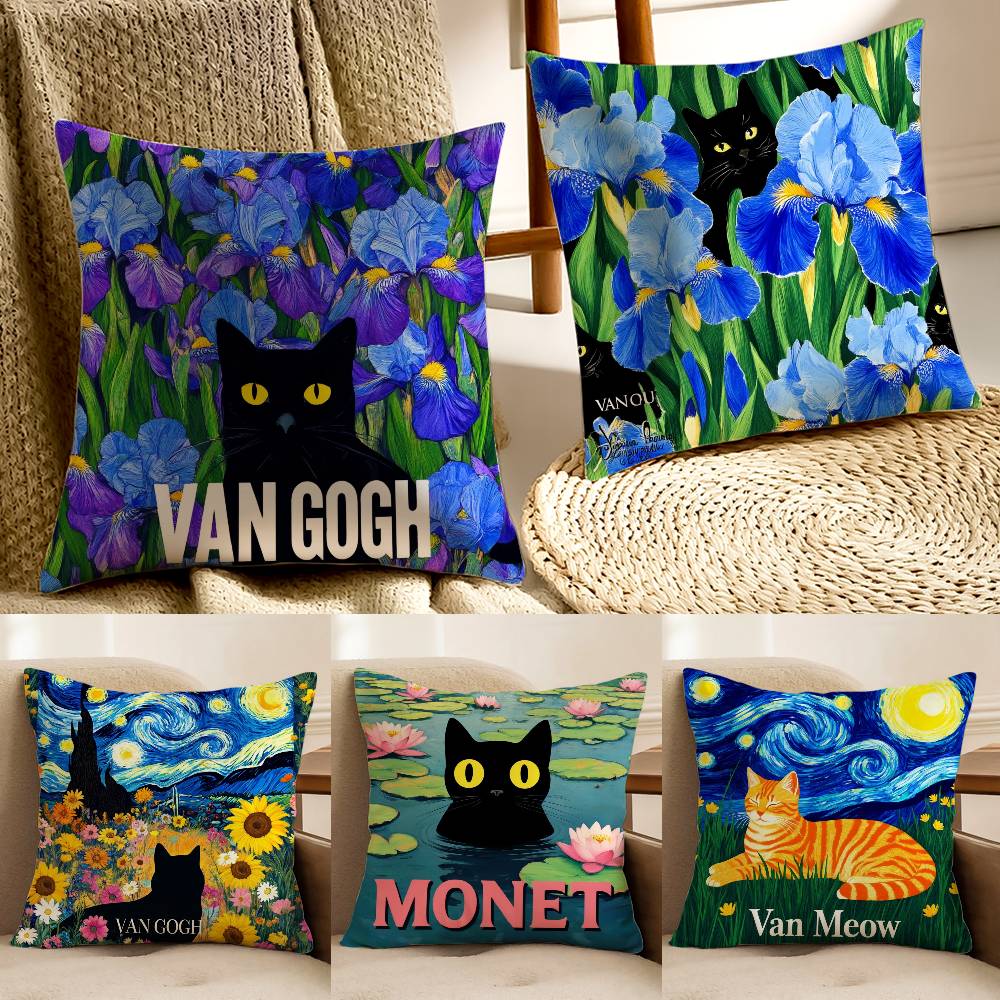 The Cute Cat In Van Gogh's Pillowcase, Soft and Comfortable, Sofa Cushion Cover, Suitable for All Kinds of Rooms and Places