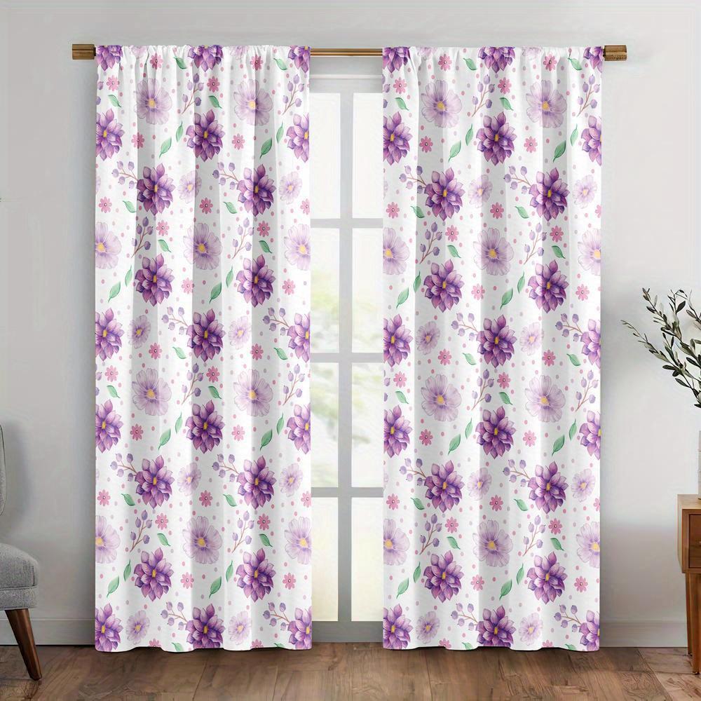 

2Pc Cartoon Purple Floral Pattern Printed Curtains, Polyester Fabric, Machine Washable, Suitable For Bedroom And Living Room 53x116cm &2pc