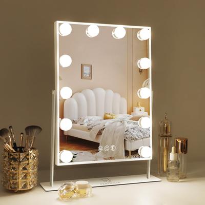 FENCHILIN Makeup-Tisch für Schauspielerinnen, Tischplatte, Hollywood, dreifarbige Beleuchtung, einstellbar, inkl. 12 Hollywood-LEDs, 10 x 360 Grad, japanische Anleitung
