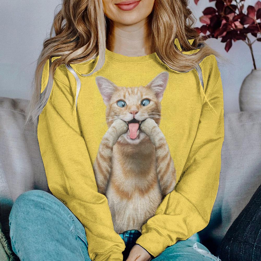 Funny Cartoon Cat Print Dámské mikiny Halenka s dlouhým rukávem Grafické Mikiny Dámské oblečení Oversized Top Neformální košile