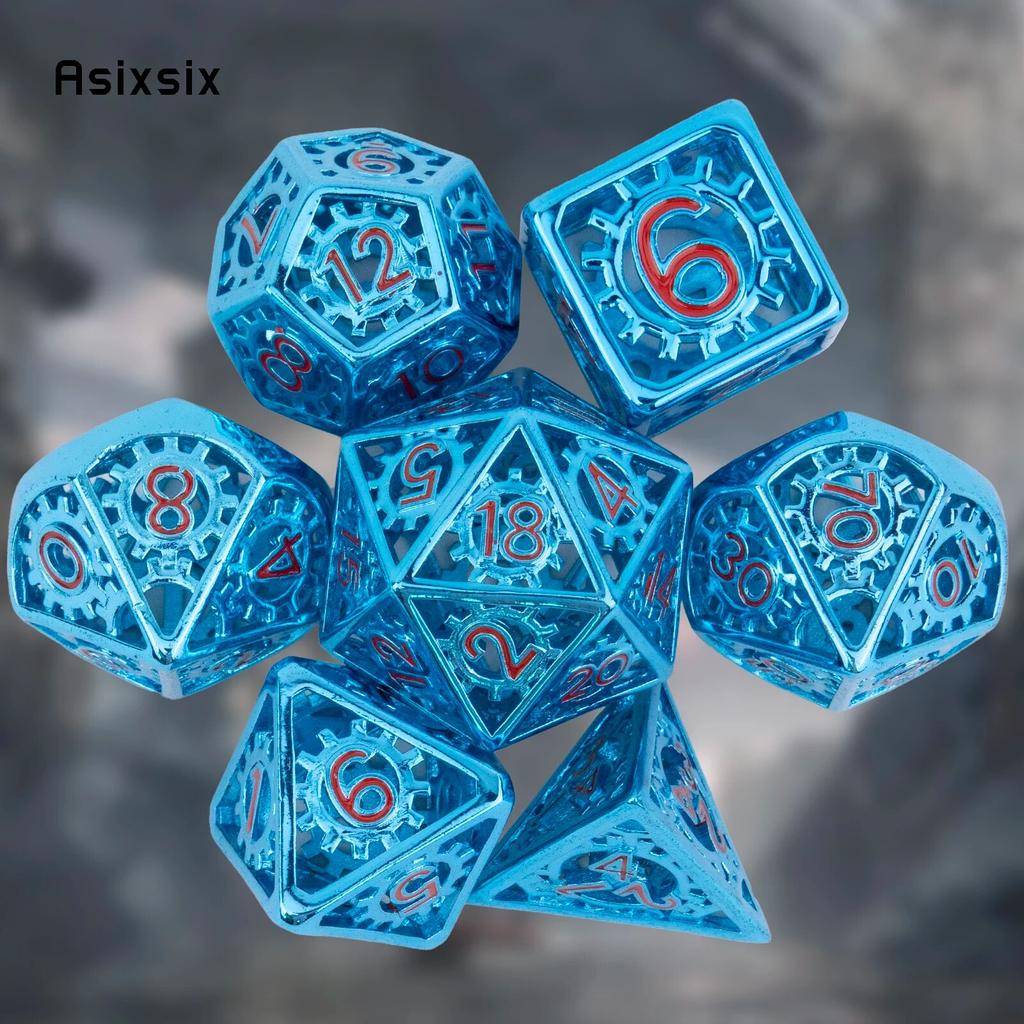 7 Pcs Red Blue Gear Wheel Metal Dice Hollow Metal Polyhedral Dice Set Suitable for Role-Playing RPG  Board Game Card Game