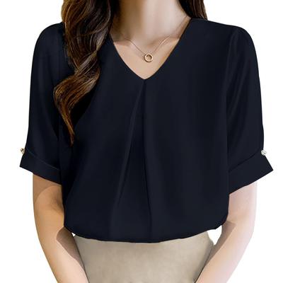 Short Chiffon Loose Body Summer [Bidason] Women's Blouse, Sleeve, Shirt, V-Neck, Summer, Fit, Slimming, Tuck, Casual, Covering, Neat, Stylish, Cute,