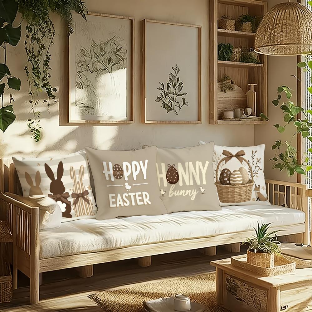 Easter Bunny Pillow Cover Set Happy Easter Honey Bunny Print Soft Cozy For Sofa Bed Living Room Spring Farmhouse Decor Gifts