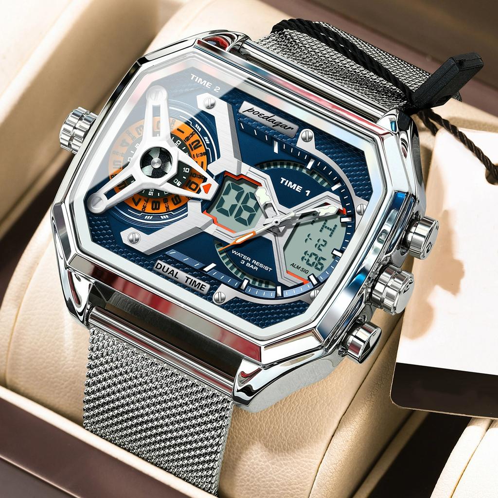 POEDAGAR Luxury Men's Quartz Watches Stainless Steel Mesh LED Waterproof Date Week Man Watch Fashion Sports Electronic Men Clock
