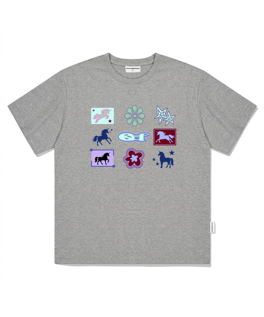 ESCAPEFROM Unicorn Bingo Print Oversized Short Sleeve T-Shirt Charcoal