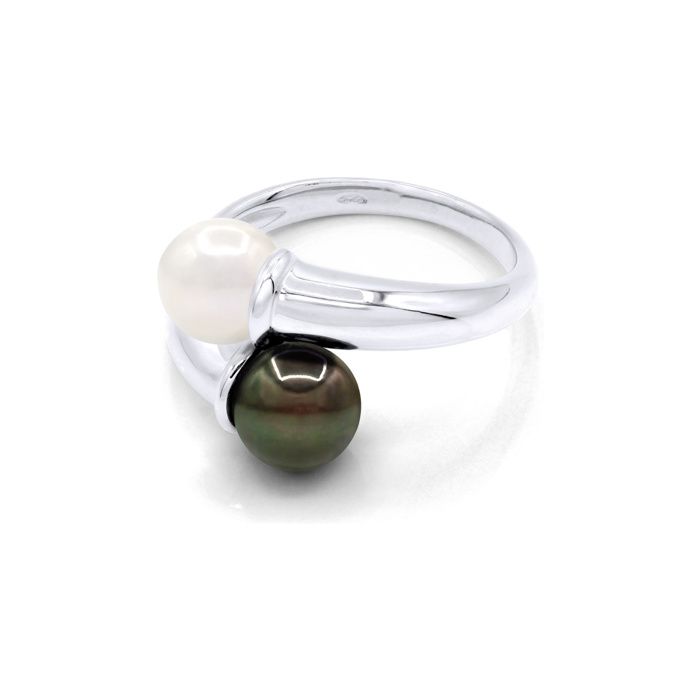 Bague - Pearls & Colors - Perle de Culture de Tahiti 7-8 mm Rondes - Argent 925 - Qualité AAA+ - Femme
