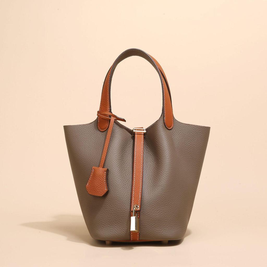 2024 kvinners ekte skinn Litchi-mønster bøtteveske - høst/vinter grønnsakskurv håndveske