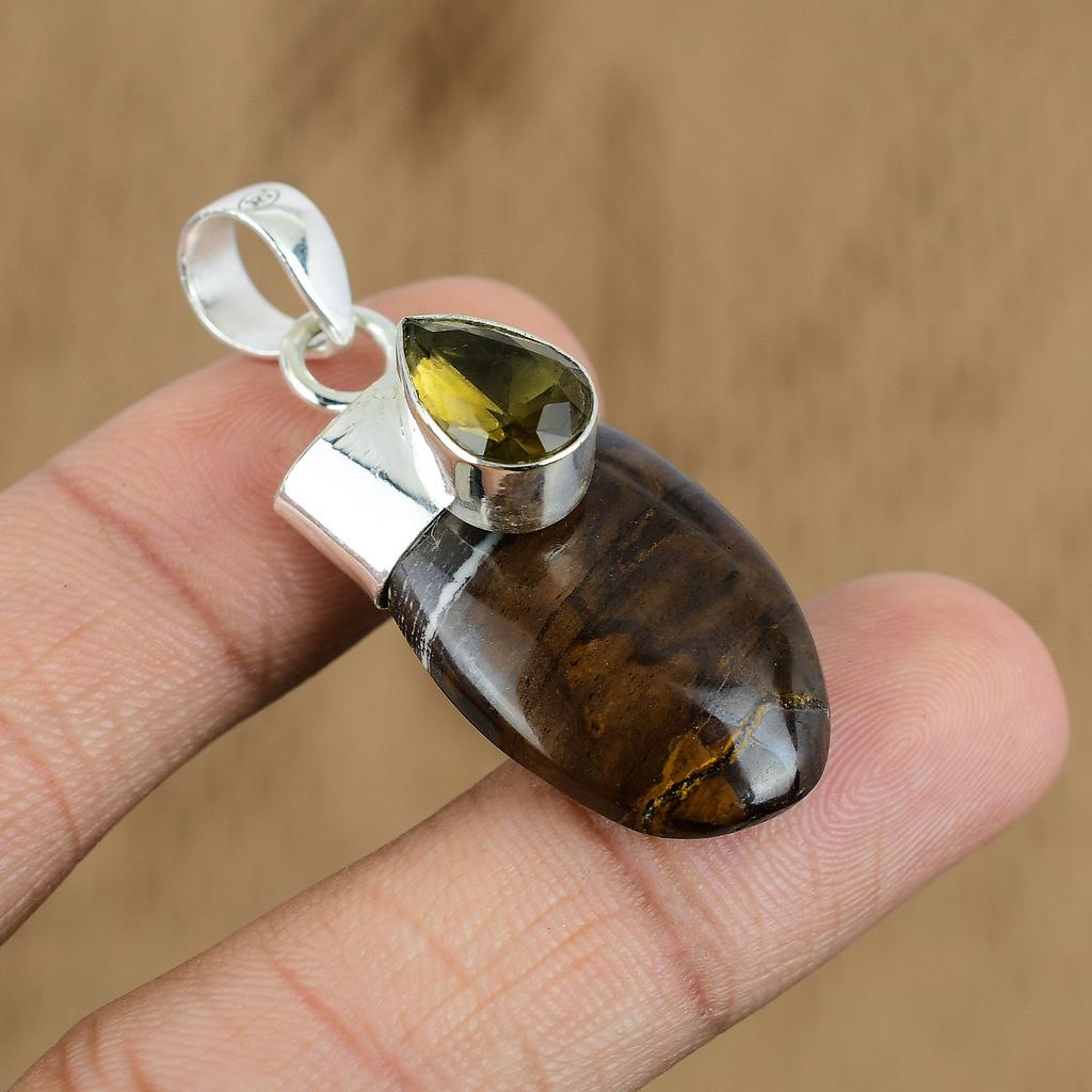 Natural Petrified Wood Jasper Gemstone Pendant Brown 925 Sterling Silver Jewelry