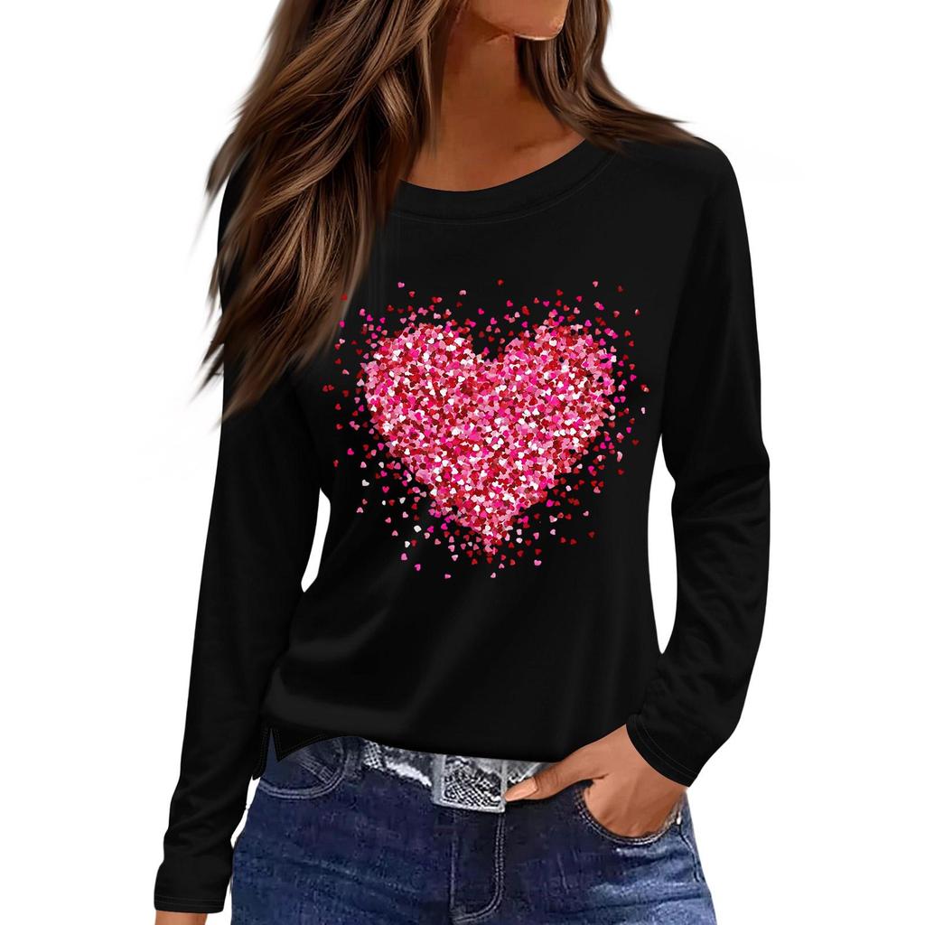 Women's Fashion Casual Slit Hem Round Neck Long Sleeve Loose Christmas Printed T-Shirt Ladies Top