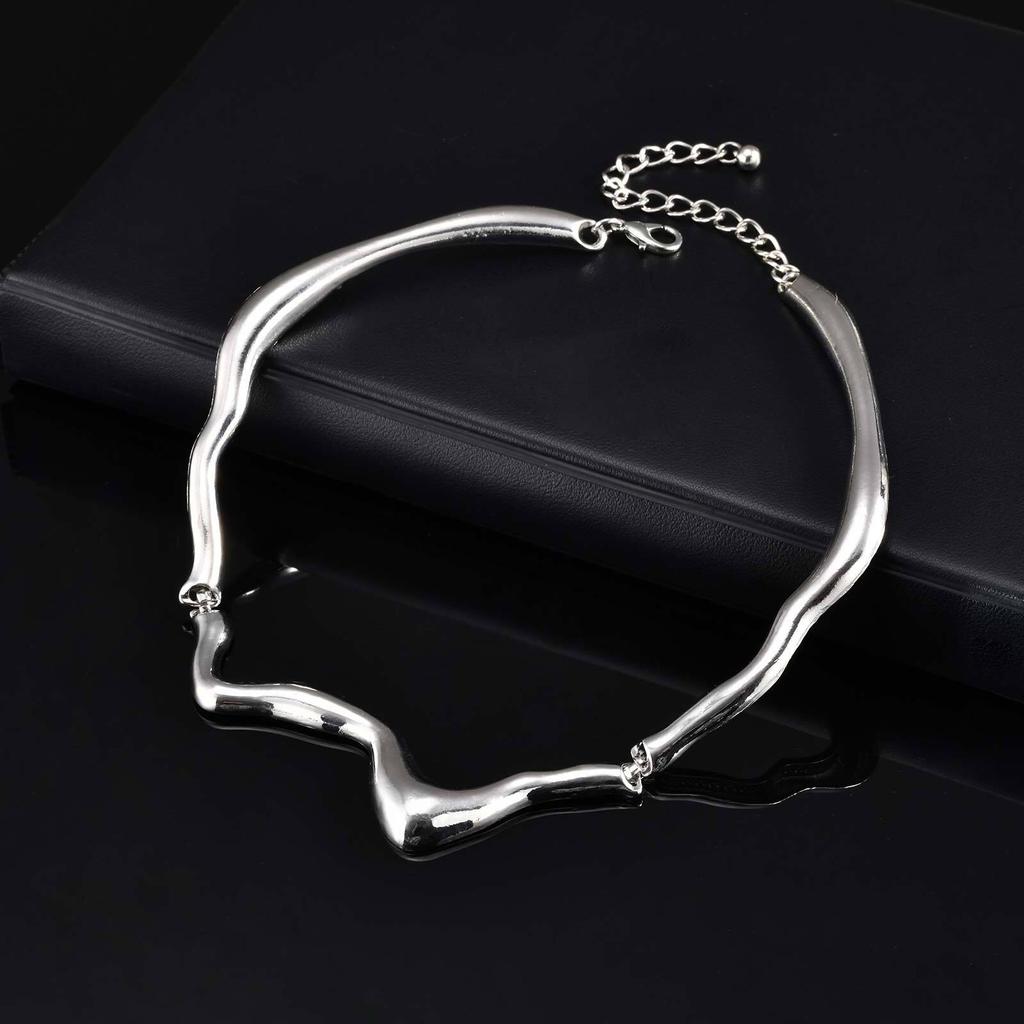 Vnox Punk Metal Irregular Twisted Wave Necklace for Men, Vintage Sliver Color Liquid Alloy Geometric Adjustable Choker Jewelry
