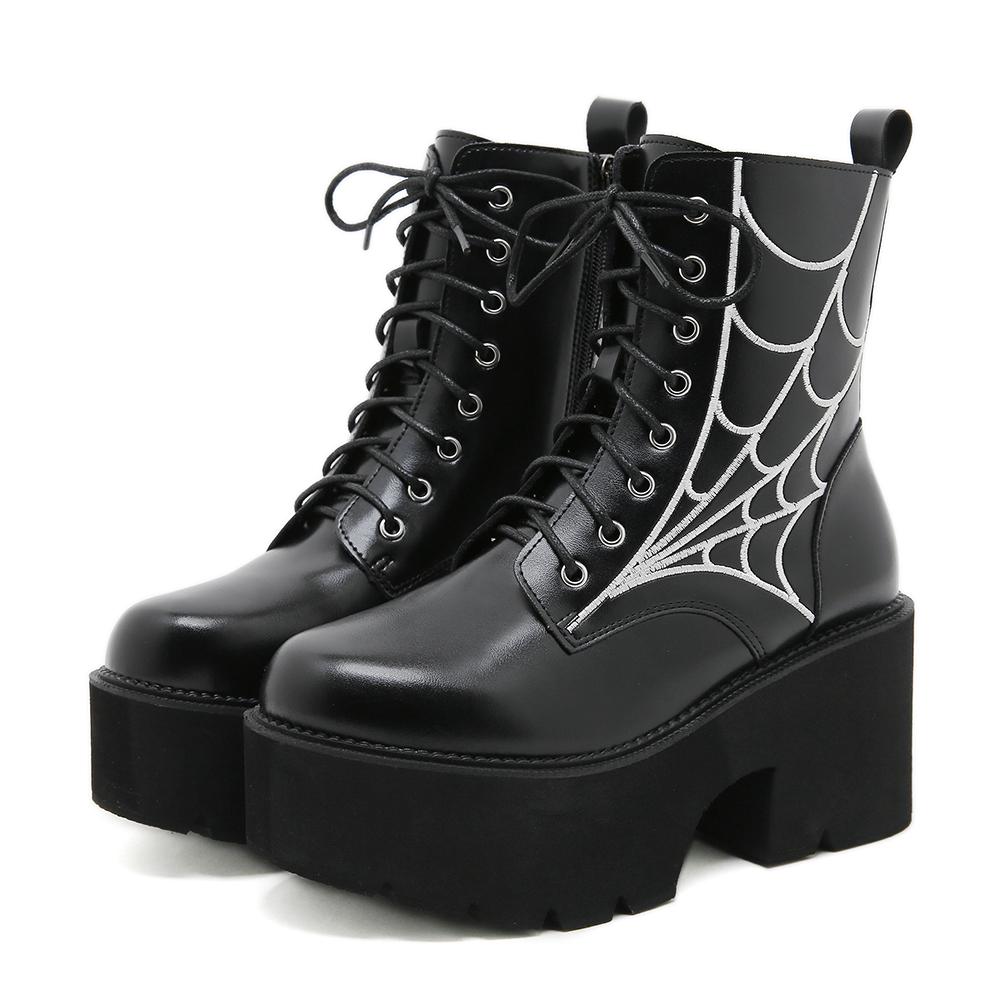 Gdgydh Women Punk Boots PU Leather Embroidered Spider Web Design Shoes Cool Retro Chunky Wedges Platform Boots Lace Up