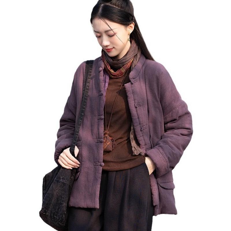25 Winter New Cotton and Linen Women's Chinese Retro Stand-up Collar Buckle Padded Jacket Women's Padded Thickened Zen Ramie Cotton Jacket