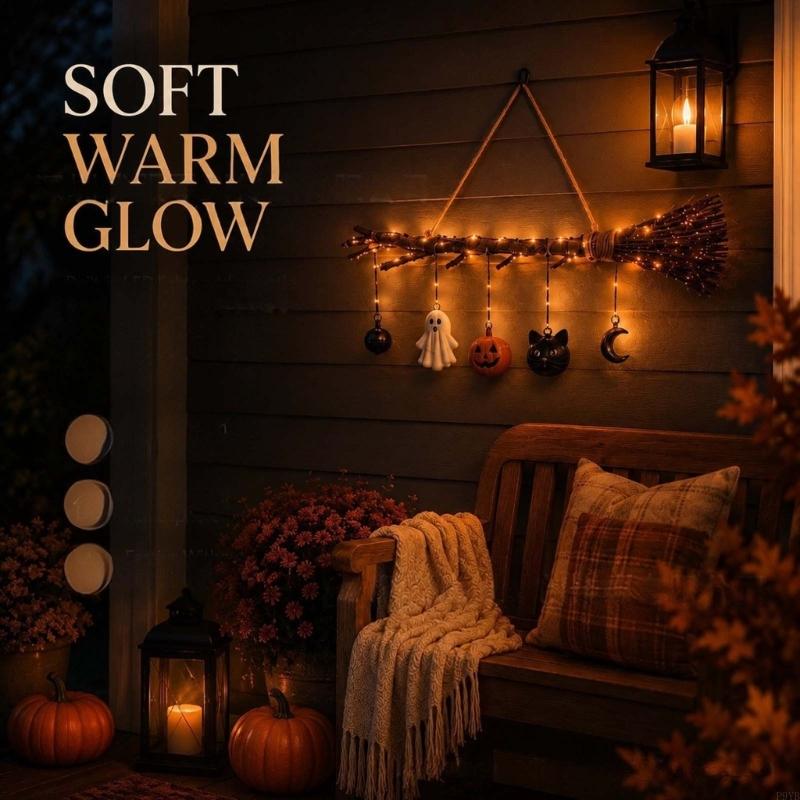 Halloween Lighted Witch Broom Hanging Decors with Warm Light and Ghostly Pumpkins Cats Charm for Entryway Wall Window Party