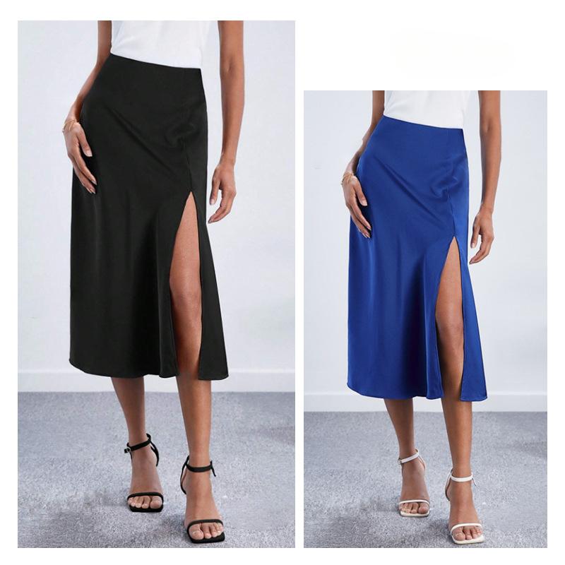 Mode Elegante Hohe Taille Satin Lange Röcke Frauen Slit Sexy Feste Beiläufige Lose Frau Rock Sommer Neue Vintage Einfache Schlank Satin damen Rock 26564
