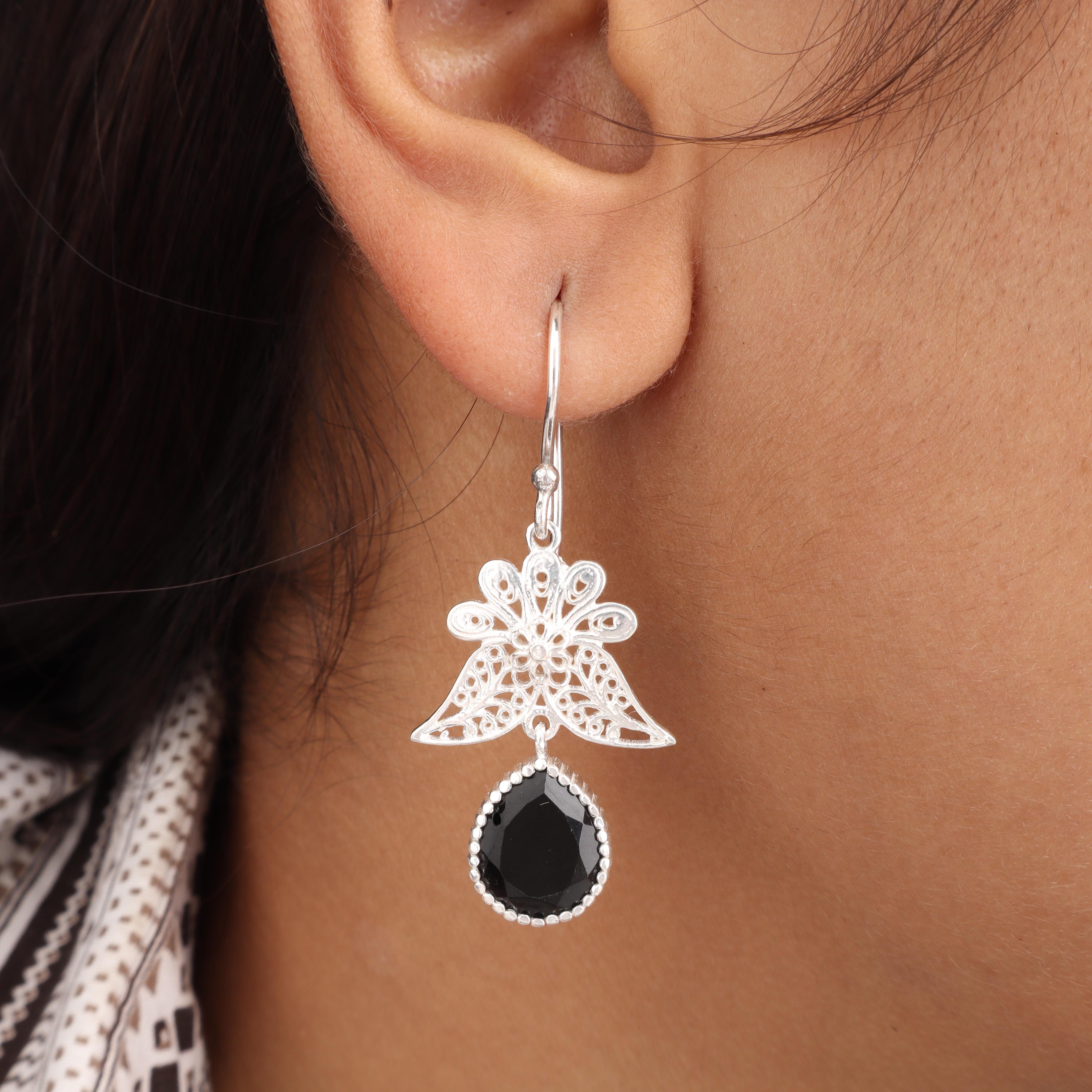 

Black Onyx Gemstone 925 Sterling Silver Handmade Jewelry Partywear Long Earrings 1.84 Gift For Wife CE-23-13