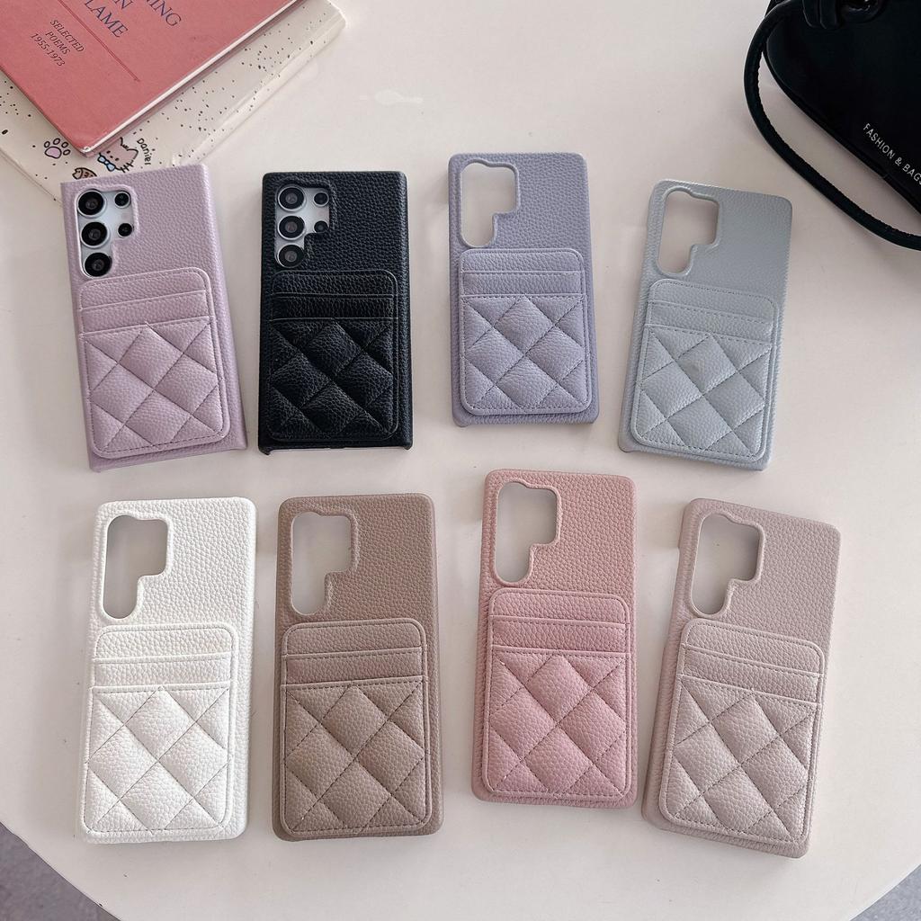 Half Pack Lambskin Leather Mobile Phone Case for Samsung S25 Plus Small Fragrance Rhombus S22 S23 S24 Ultra Hard Shell Card Bag