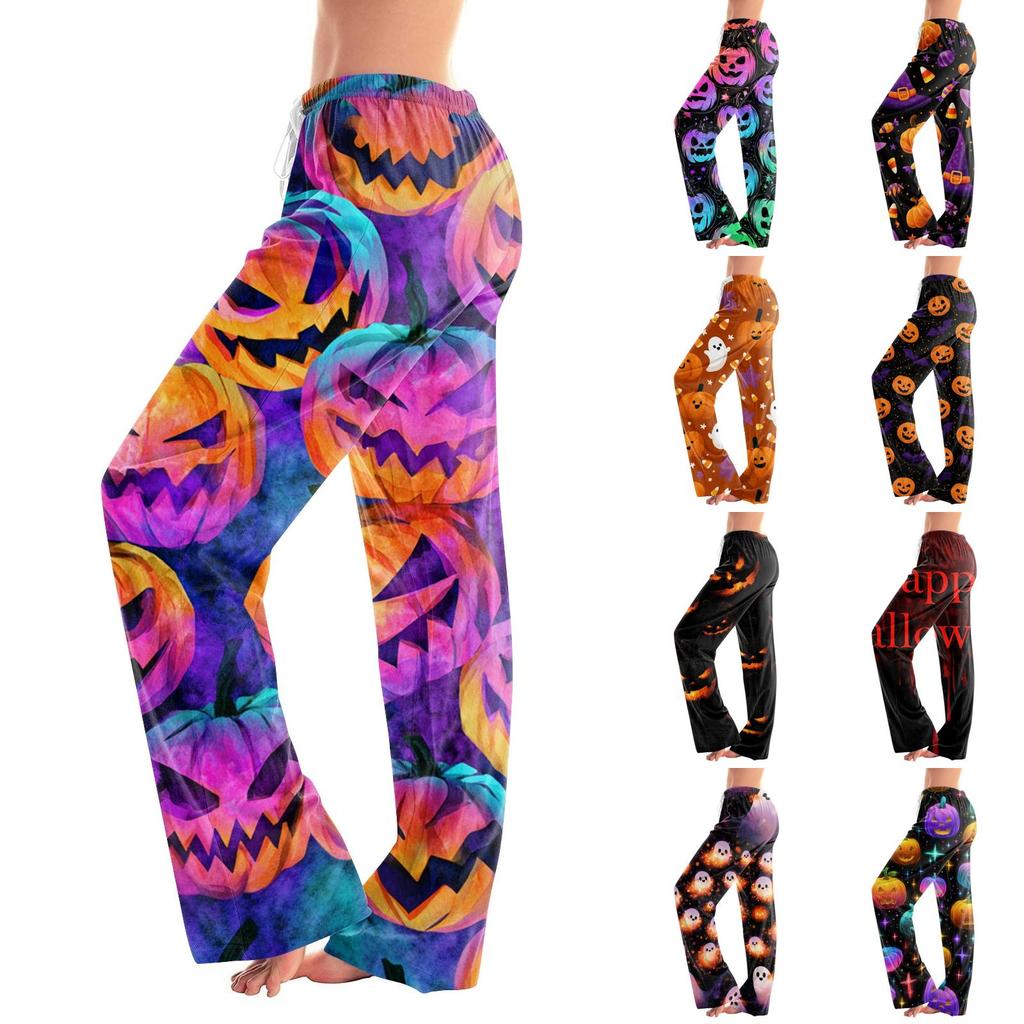 Women's Loose Fit Casual Pants Halloween Pumpkin Print Lounge Pants Elastic Waistband Comfortable Fit for Everyday Wear