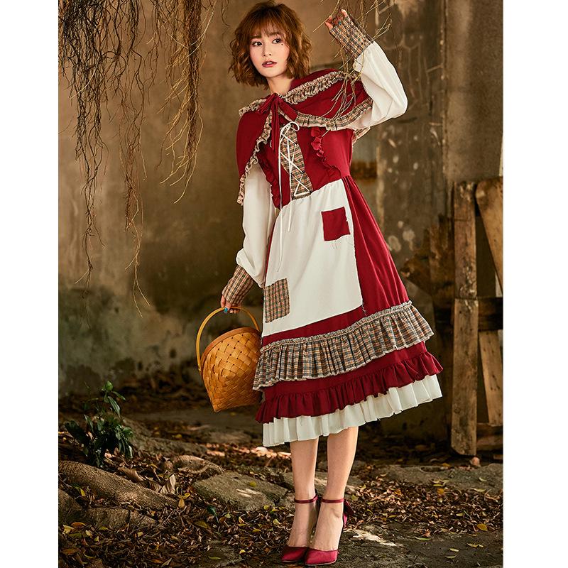 Lolita Nostalgisches Spitzen-Rotkäppchen Cosplay Kleid - Weinrot Halloween Kostüm