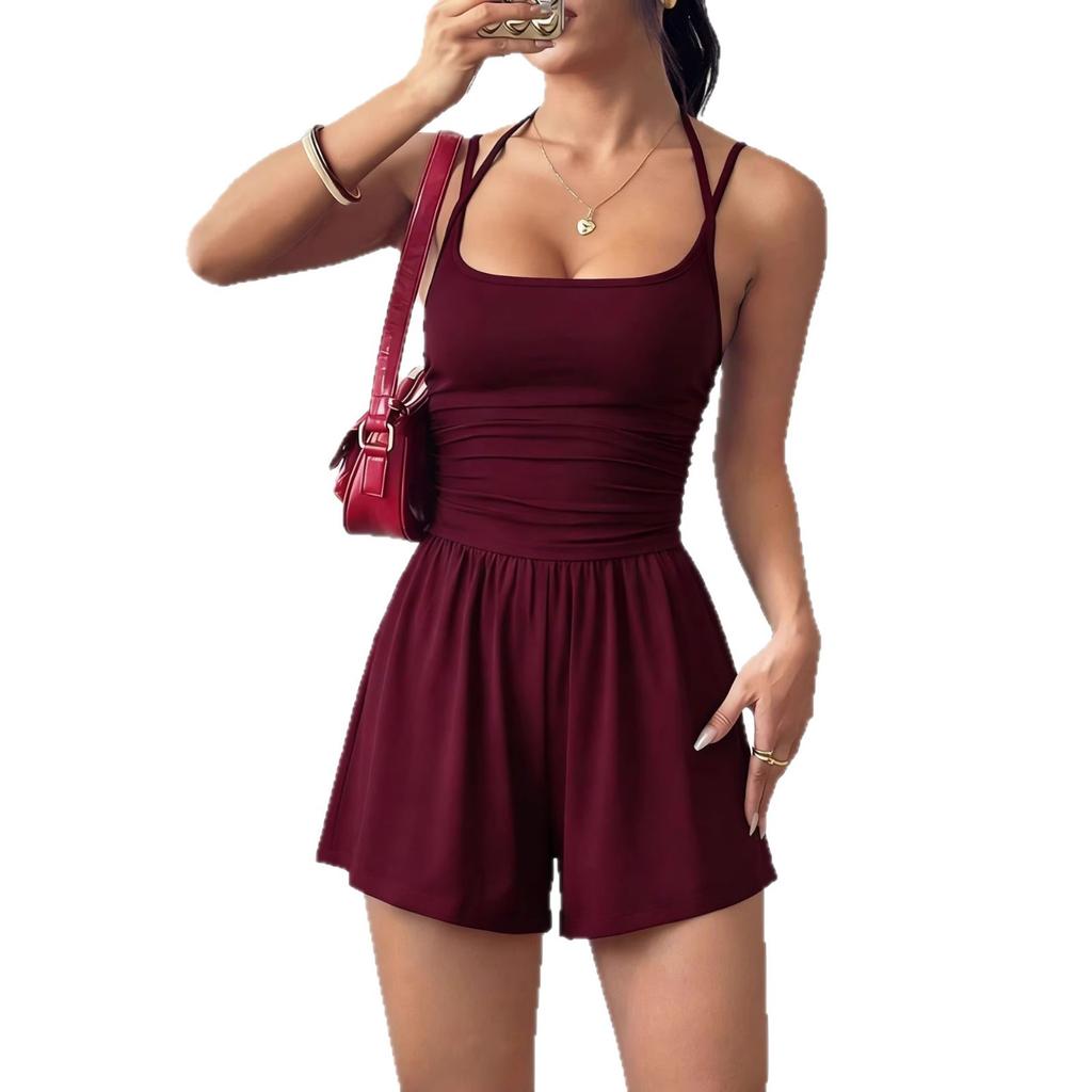Women's Solid Color Sleeveless Halterneck Suspender Jumpsuit Pleated Waist Shorts