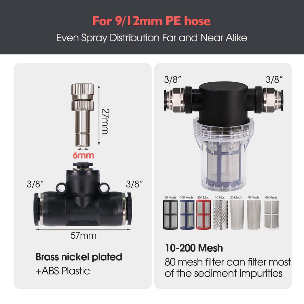 3/8" 9/12mm Misting Cooling System 0.6mm Nozzles Fine Atomizer PE Tubing Filter Self-priming Pump Garden Irrigation Watering Kit