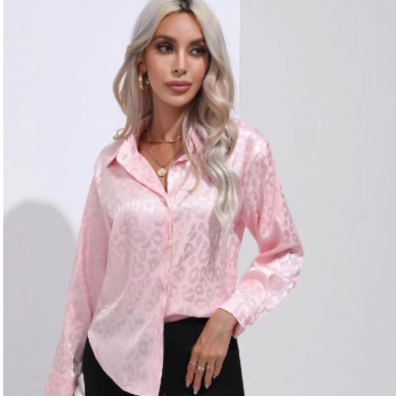 

Элегантная офисная женская блузка с длинным рукавом из леопардового жаккарда, отложной воротник, рубашка на пуговицах, модные топы весна-осень 19169 XXL розовый